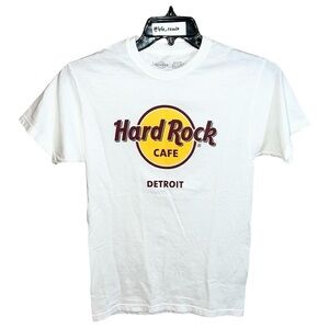 Hard Rock Cafe Detroit T-Shirt Women’s Size S White Burgundy Yellow Short Sleeve